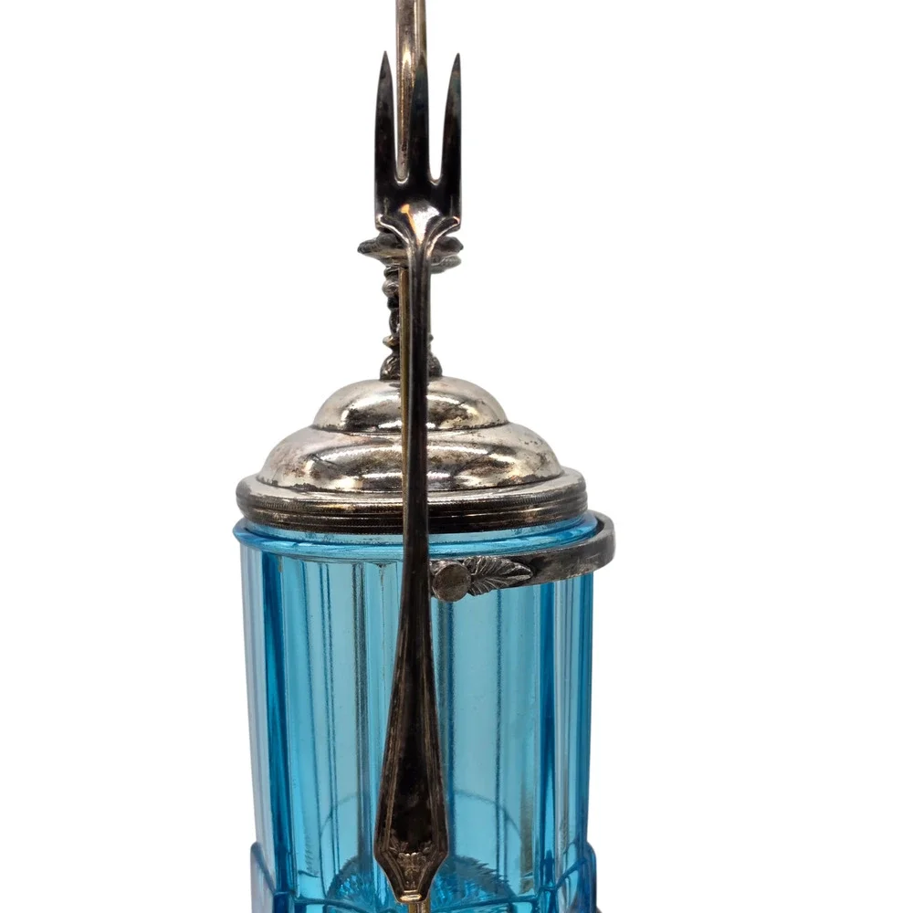 VICTORIAN CRYSTAL BLUE PANELED PICKLE CASTOR MONOGRAMMED AS IS WITH FORK